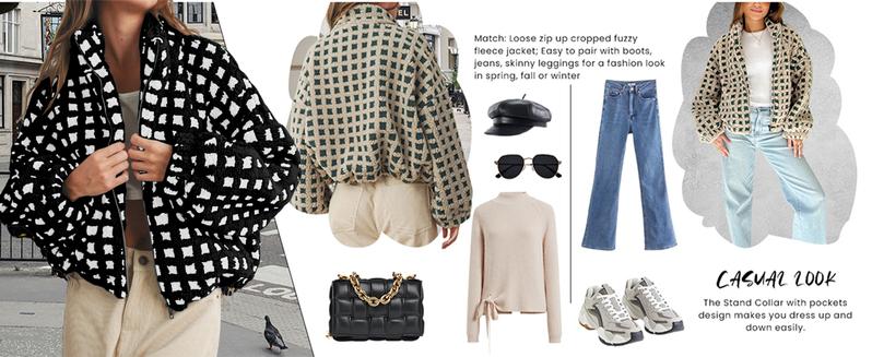 Yeokou Women’s  Long Sleeve Cropped Sherpa Fleece Plaid Jacket Casual Chunky Teddy Fleece Outerwear