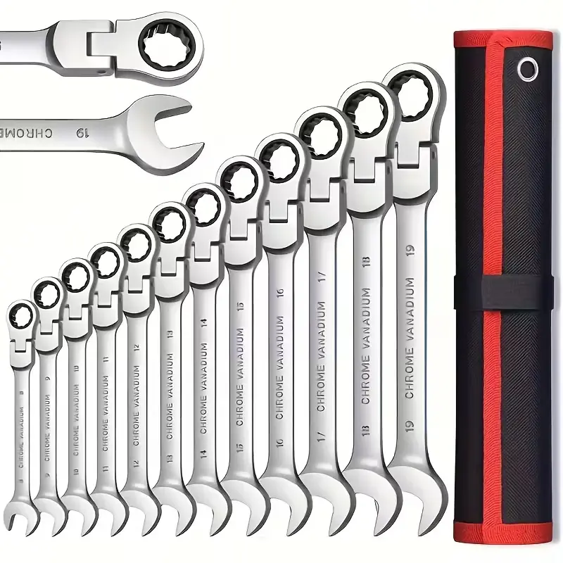 12PCS Chrome Vanadium Steel Ratcheting Wrench Set, 8-19mm Metric 180° Swivel Head Double-End Adjustable Spanners & Wrenches, Multifunctional Car Tools for Mechanics Auto Household Repair