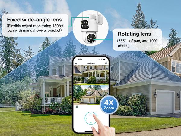 Dual Lens Solar Security Cameras Wireless Outdoor, 2K Full HD Video, 360° View Pan/Tilt Home Security Camera with Color Night Vision, Easy to Install, PIR Alarm, 2.4GHz WiFi