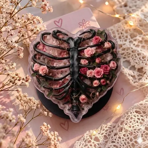 "Rib Cage & Rose Heart Phone Grip – Aesthetic Gothic Floral , Unique Skeleton Ribs Phone Holder, Collapsible Cell Phone Stand, Trendy Dark Academia Gift for Her"