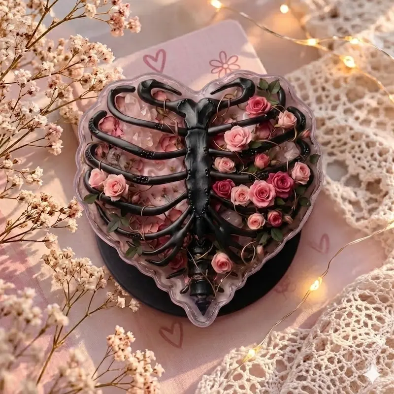 "Rib Cage & Rose Heart Phone Grip – Aesthetic Gothic Floral , Unique Skeleton Ribs Phone Holder, Collapsible Cell Phone Stand, Trendy Dark Academia Gift for Her"
