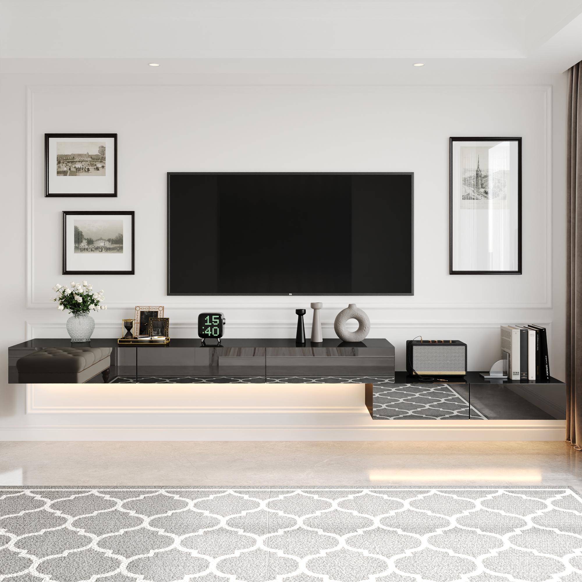 FUFU&GAGA Floating LED TV Stand for TVs up to 70", Wall Mounted Wood Media Console with Glossy Surface & 44 Color LED Lights