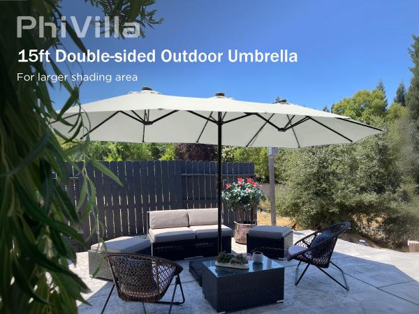 [Base & Lights] PHI VILLA 15 ft Extra Large Patio Umbrella with 36 LED Lights, Metal Construction, Includes Base, Heavy Duty for Pool Garden Backyard Outdoor Modern Design