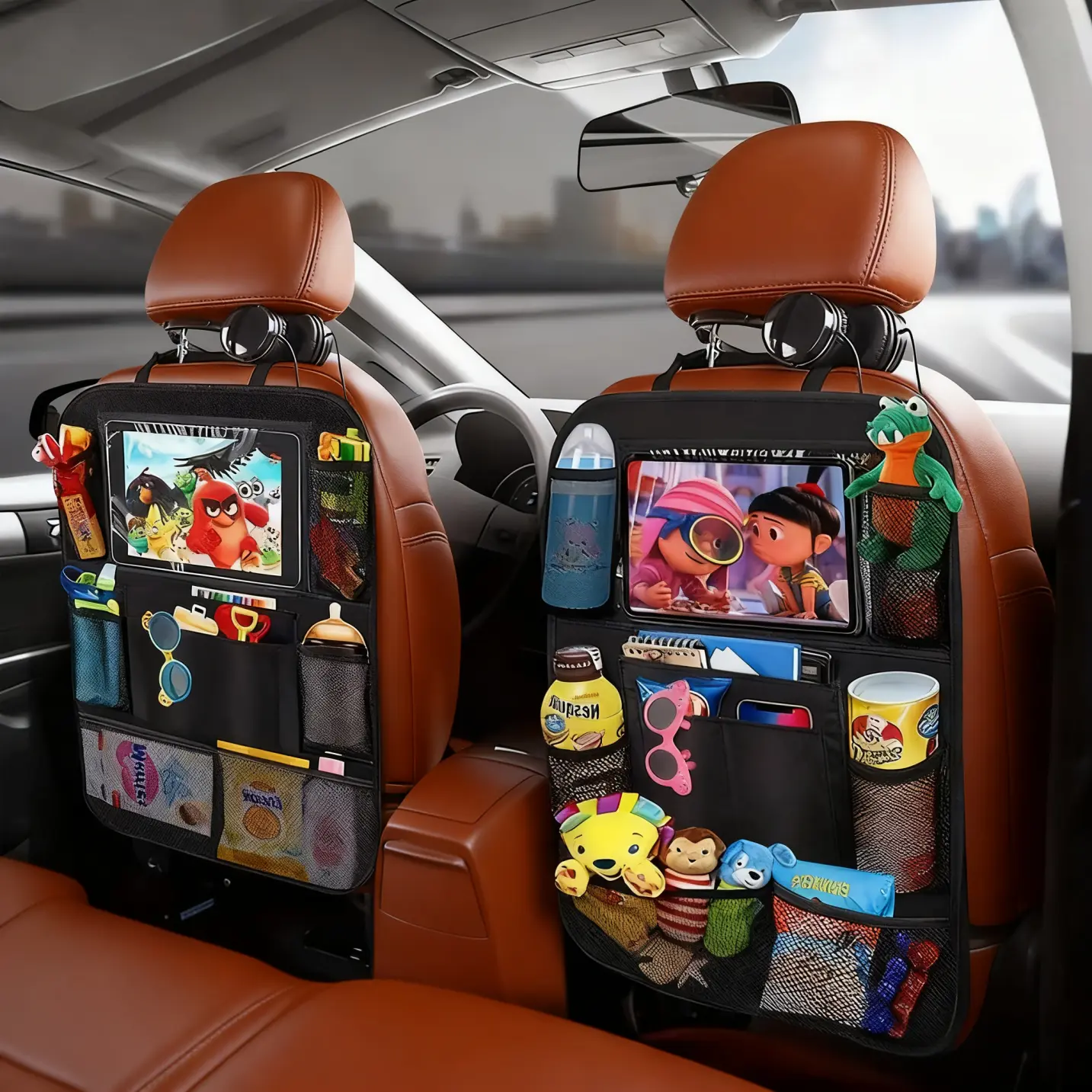 2 Pack Car Backseat Organizer with 10 Storage Pockets - Seat Back Protector Kick Mats for Kids & Toddlers Perfect Travel Accessories for Family Car Supplies