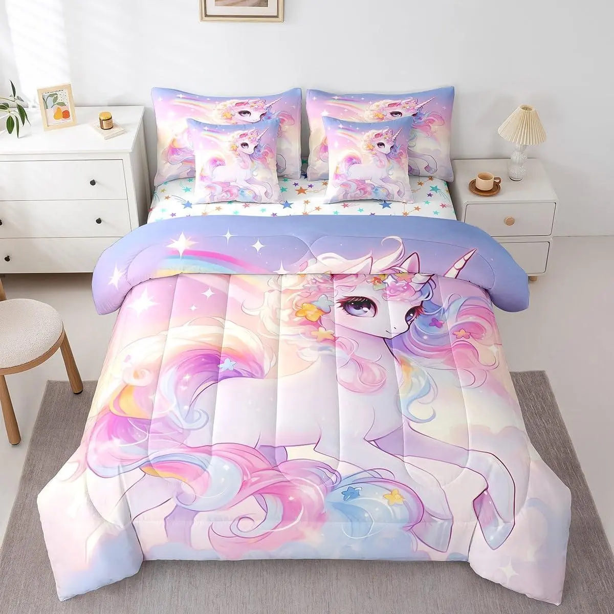 Unicorn Bed Set in a Bag 7 Piece,Dreamy Animal Horse Watercolor Floral Bedding Set,Fantasy Rainbow Starry Sky Pink Purple Comforter with Fitted,Flat Sheet,Pillowcase,Pillow Covers
