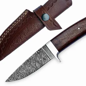 9" Fixed Blade Damascus Steel Hunting Knife with Leather Sheath, Skinning, Non-Slip Wooden Handle, Camping Knife, Survival EDC knife, Hunting Knife, Best For Outdoor