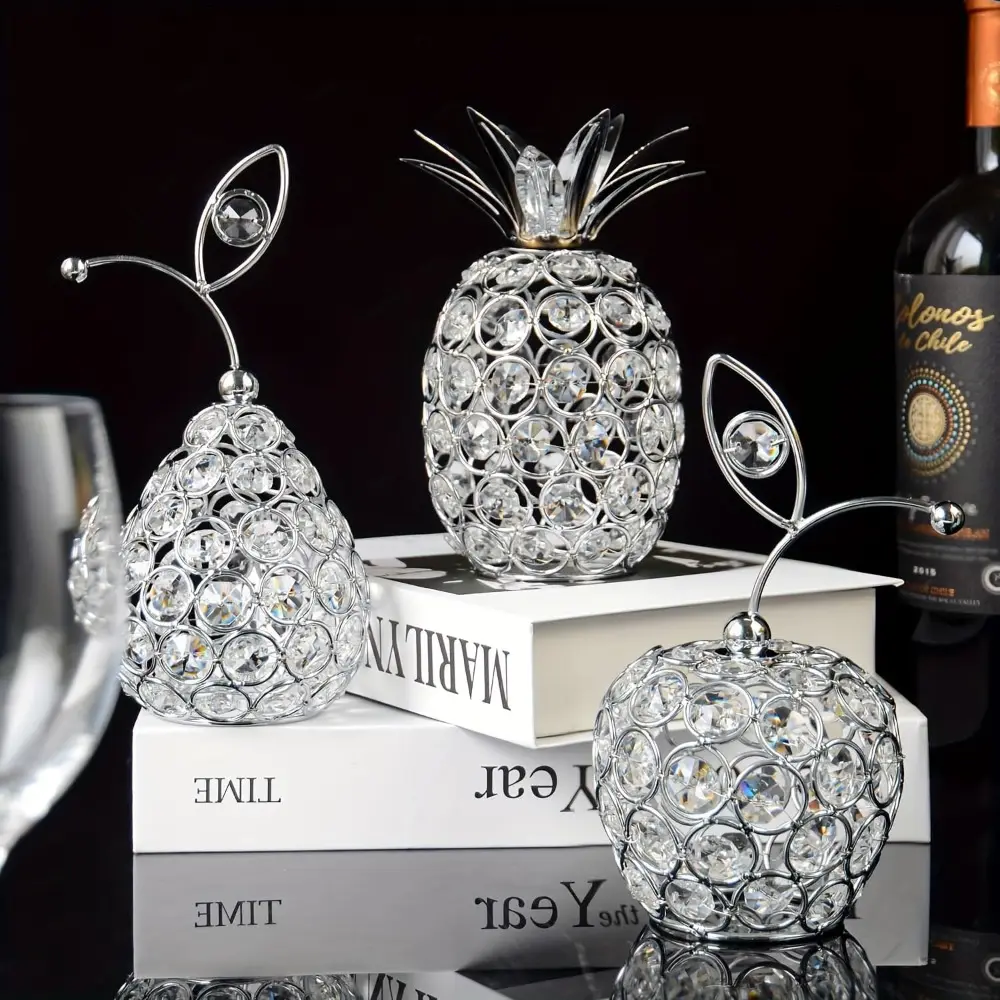 Silver Medium 3-Piece Diamond-Cut Transparent Crystal Beads Sparkle Metal Hollow Fruit Ornament Set - Hand-Strung, Artisan-Made Candle-Holding Pineapple & Pear Decor, Coffee Table Focal Point for Wedding/Mother's Day Gifts (Kitchen/Home Festive Supplies)
