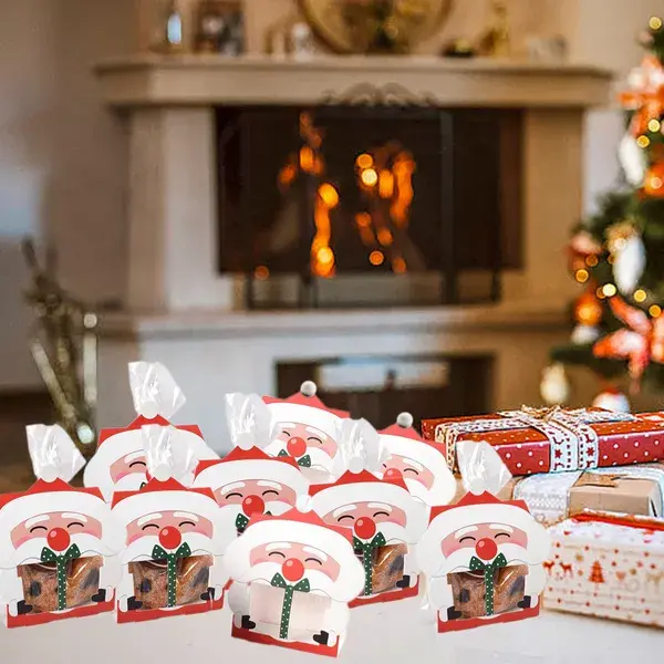 8 Pcs Mini Christmas Candy Boxes with Cellophane Bags and Twist Ties Cartoon Santa Claus Design Gift Box Paper Merry Christmas Goodie Cookie Boxes for Xmas Holiday Party Supplies