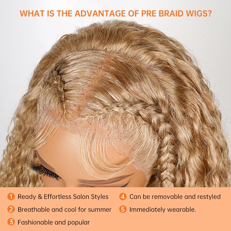 [Clearance Sale] Wiggins Hair #27 Honey Blonde Pre Braided Water Wave Wig 13x4 Lace Frontal Wig Human Hair Stylist Wig Ready To Go Glueless Pre Cut Lace Pre Plucked