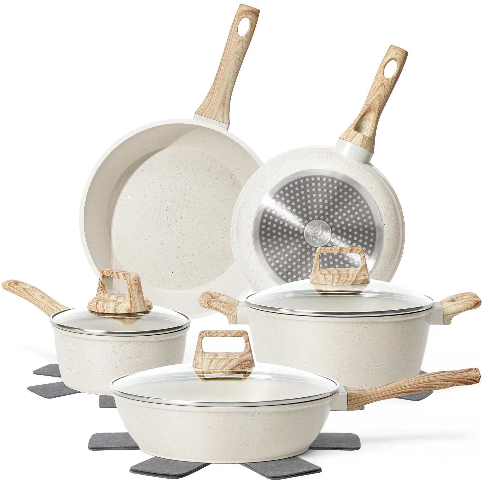 12Pcs Pots and Pans Set Non Stick Kitchen Cookware Sets Nonstick Induction Cookware Non-toxic White Granite Cooking Tools with Stay-Cool Handles, Silicone Tools (PFOS/PFOA Free), summersale,home essentials,backtoschool, glowup