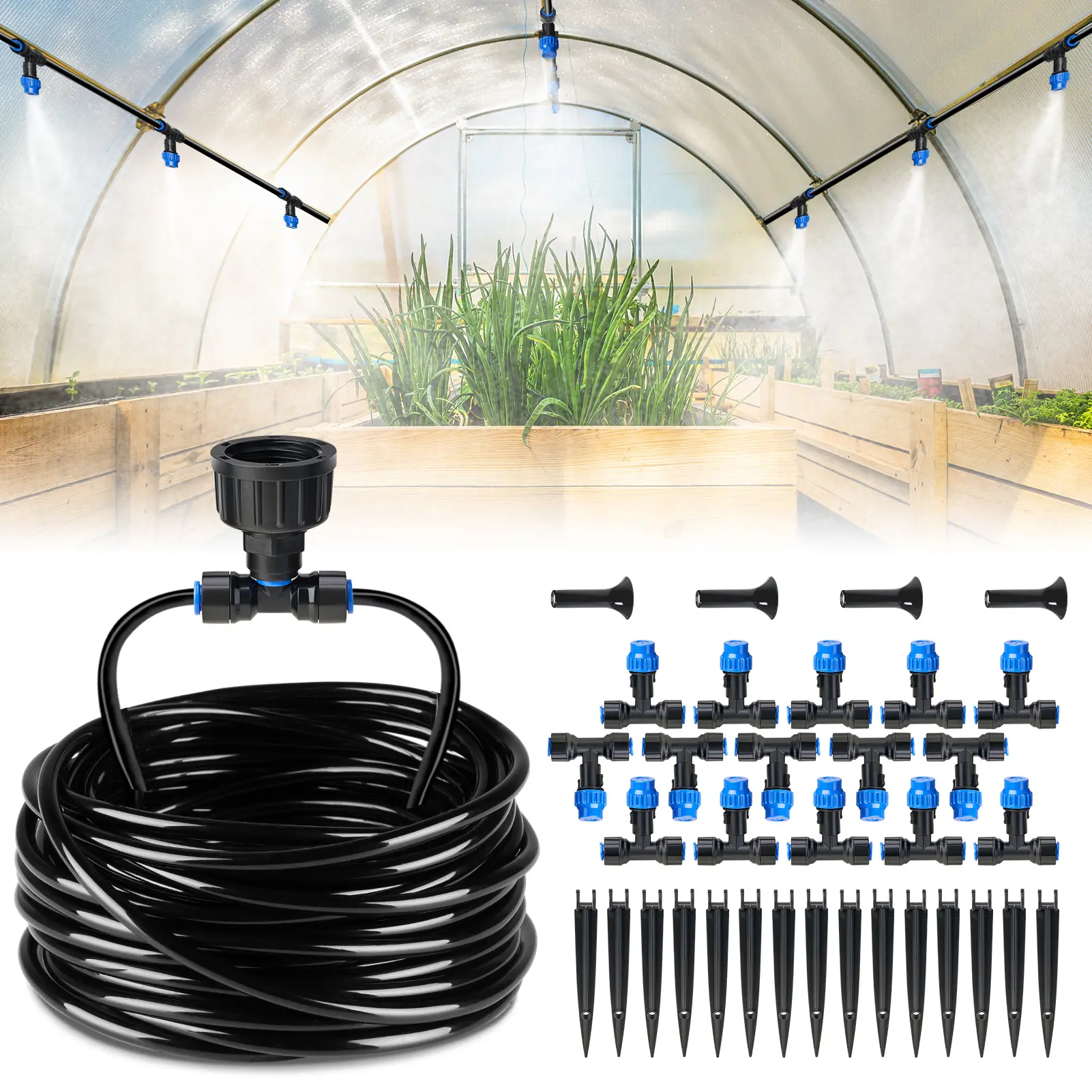 HIRALIY Greenhouse Mist Drip Irrigation Kit - Garden Supplies Easy-to-Install Adjustable Hose Watering Equipment with Quick Connectors, Automatic Water Sprayer Heads for Flower Beds, Hanging Plants (Summer Use), 1 Step and 1 Second Gentle Watering