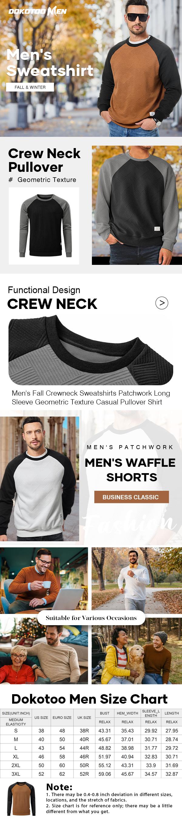 Dokotoo Men Men's Fall Crewneck Sweatshirts Patchwork Long Sleeve Geometric Texture Casual Pullover Shirt Hoodie Menswear