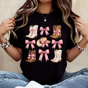 Elegant White Cowboy Boots and Pink Bow Print T Shirt for Casual Western Style Outfits and Daily Wear