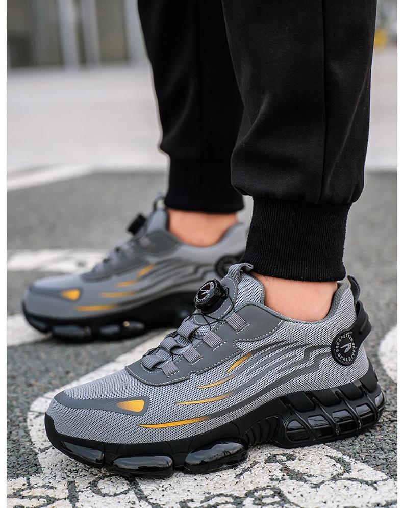 Men's Grey Steel Toe Safety Shoes Puncture Proof Smash Proof Magnetic Closure Breathable Mesh Anti-Slip Sole Striped Pattern Outdoor Work Footwear