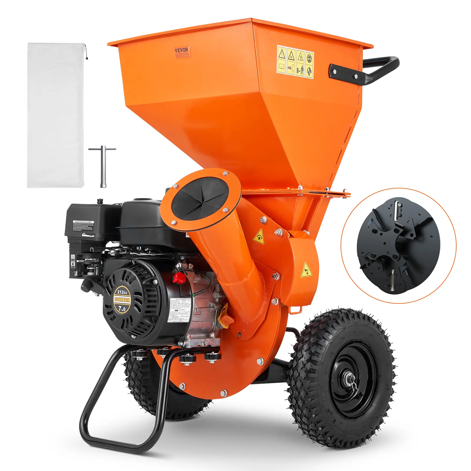 【Summerfinds】VEVOR Portable 3-in-1 Woodchipper Shredder Mulcher, 7HP Power 212cc 4.1kW 4-Stroke Gas-Powered Engine, 3-in Max Diameter, Flywheel, 12-Inch Polyurethane Wheels, EPA Certified, Compact and Portable for Gardening, Forestry, 3In Branch Chute