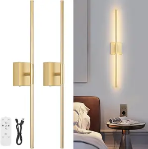 Wireless Wall Sconce Set 2-Pack Dimmable LED Strip with Remote Control 350° Rotatable No-Wiring Linear Light for Bedroom Living Room Hallway Easy Installation