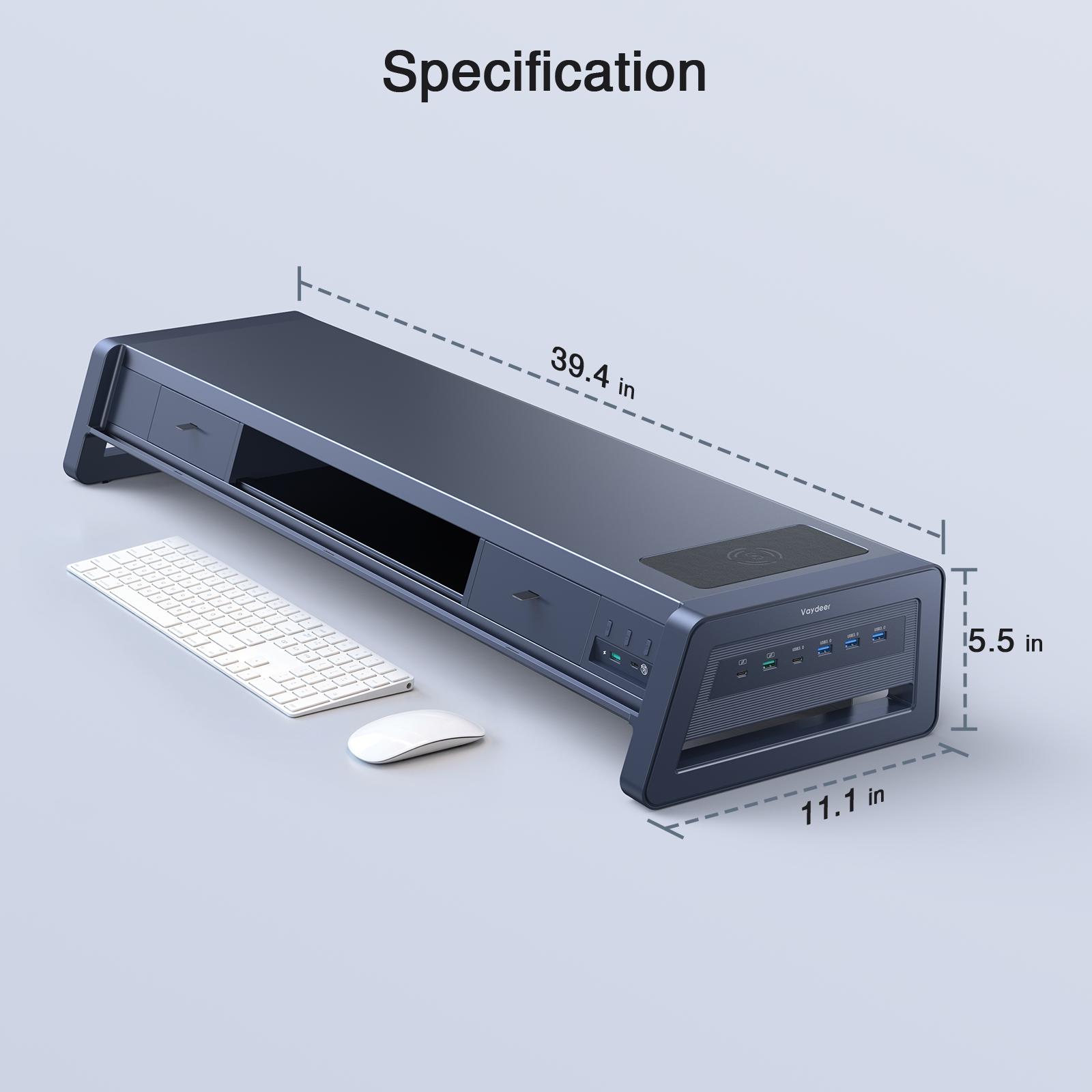 Vaydeer Metal Dual Monitor Stand Riser with 8USB Ports and Wireless Charging Pad with LED Light Strip for 2 Monitors , with2 Drawers, Desk Organizer for PC, iMac (39.3 inches),TikTokShopBlackFriday