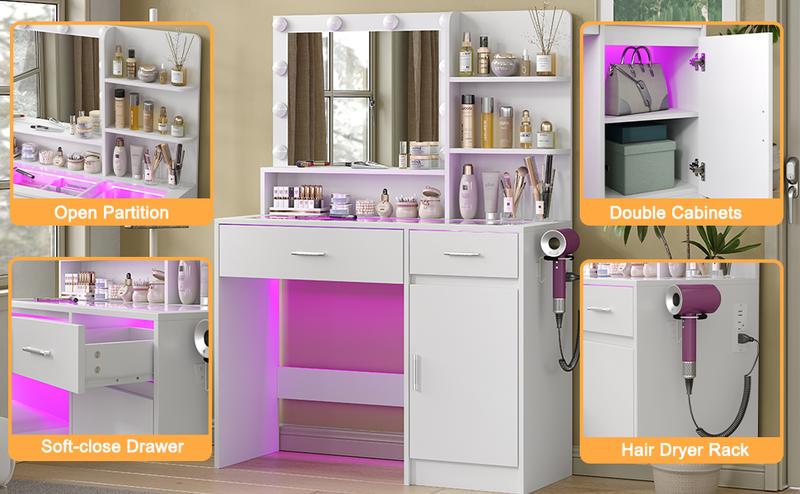CollaredEagle Vanity Desk With Mirror And 3 Lighting Modes 10 USB Power LED Lights, 40" Makeup Vanity With Glass Top & Power Outlet, Vanity With 36 Lighting Modes Brightness Adjustable RGB Drawers,Dressing Table For Women Girls Bedroom, White