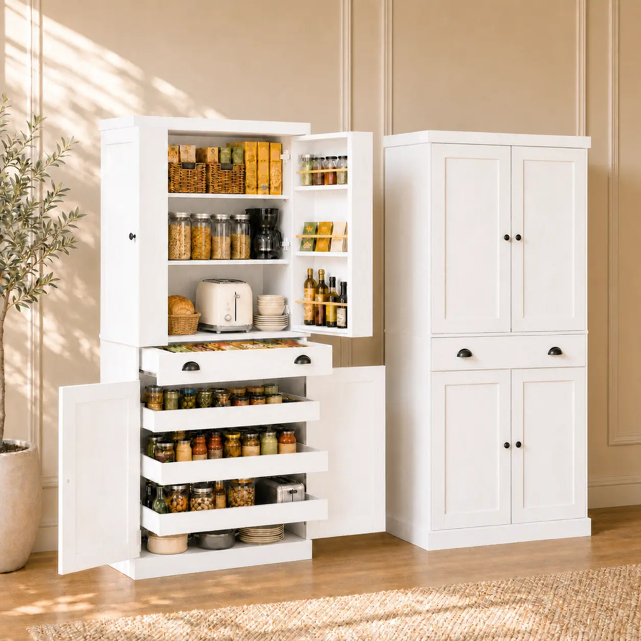 IRONCK 72.5-Inch Freestanding Kitchen Pantry Cabinet, Large-Capacity Space-Saving Storage with 3 Pull-Out Shelves, Large Drawer and 6 Door Racks, Ships in 2 Boxes