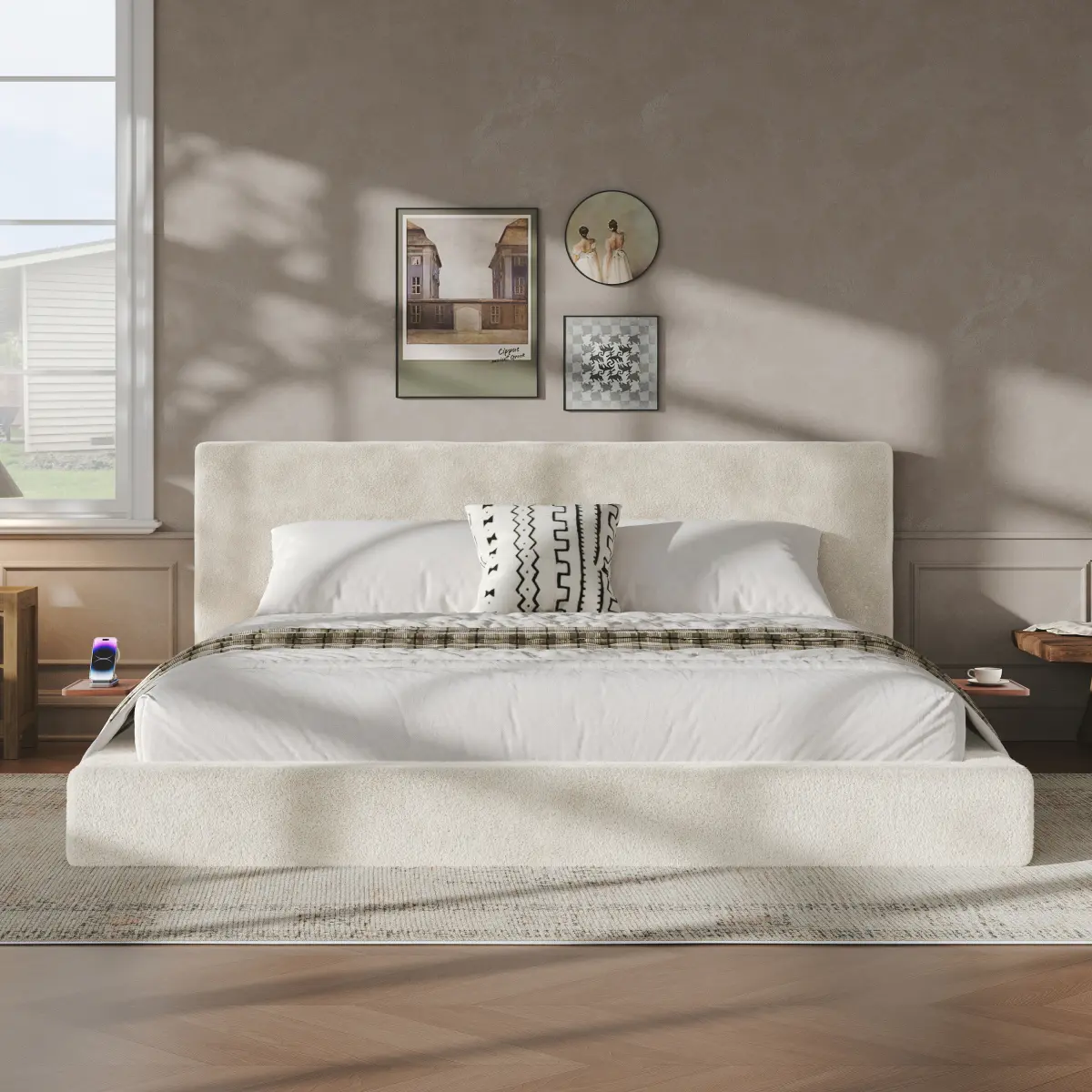 AirFrame King Bed Frame with Adjustable Sliding Side Table – Cloud Upholstered Platform Bed, 8.7'' Plush Cushioned Headboard, No Box Spring Needed, Easy Assembly