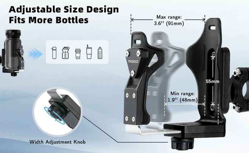 MoKo Bike Water Bottle Holder, Adjustable Bike Water Bottle Cage for 1.9-3.6" Diameter Bottle, for Handlebar & Frame, Motorcycle Cup Holder with Screw Tool, for Bicycle/Stroller/Scooter/Wheelchair/ATV