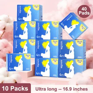 Zhuyinlife Organic Cotton Menstrual Pads 40ct | 10 Packs, 14 Inch Extra Long Overnight, 8HR Odor Control, Leakproof, Super Absorbent Unscented, Heavy Flow Night Use