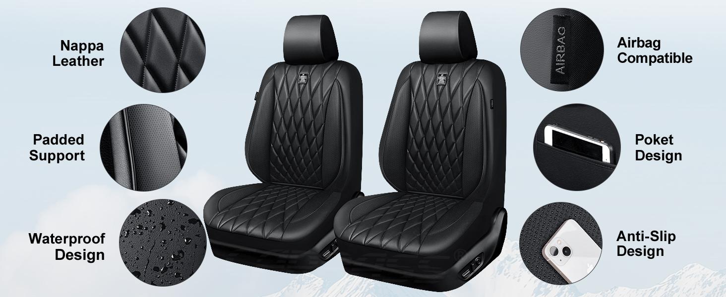 CAR PASS Piping Luxury PU Leather Car Seat Covers,Waterproof Anti Slip Compatible with Seat Armrests,Universal Fit for Suvs,Vans,Trucks,Airbag Safe Easy To Install