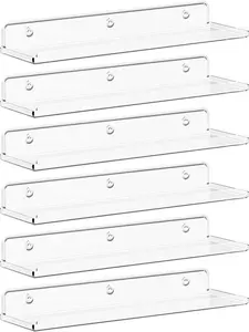 Floating Shelves for Wall, 6 Pack 15" Clear Acrylic Shelf Room Decor for Book/Figures/Photo/Makeup in Bathroom, Book Shelf, Living Room, Bedroom, Kitchen Storage and Organization