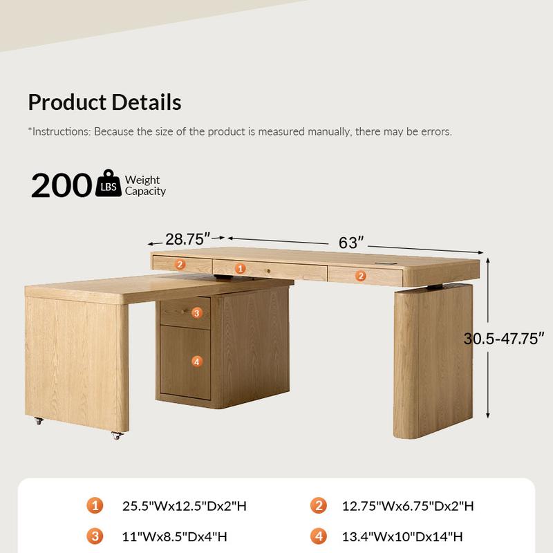 HULALA Veritas Home Office 360-Degree Rotating Desk with Flip-Top Lid Electric Height-Adjustable Design Side Cabinet Drawers Storage L Shaped Wood Finish Ergonomic