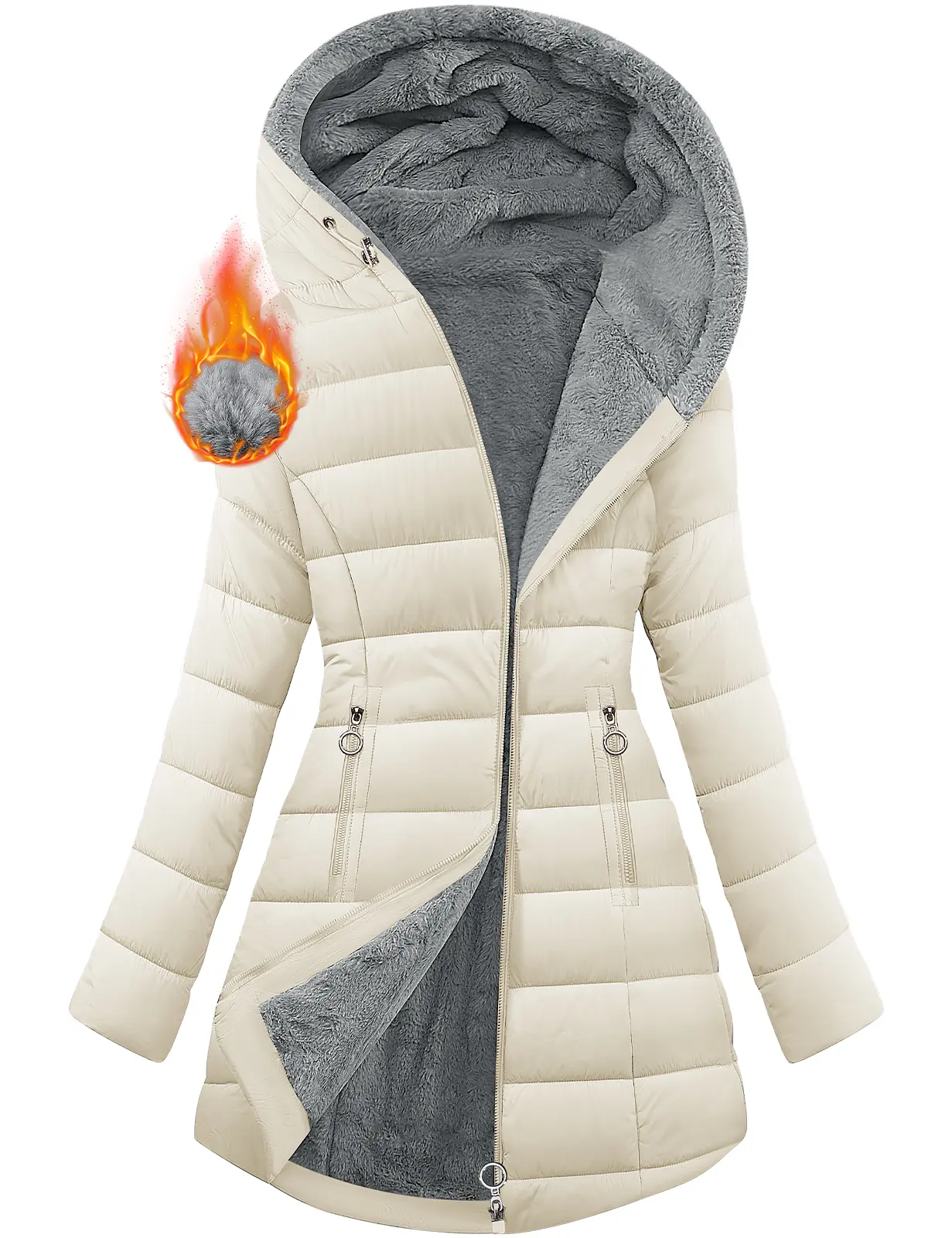 Women's Winter Thickened Down Jacket Warm Long Puffer Coat Fleece Lined Parka Outerwear with Faux Fur Hood Tops Womenswear Long Sleeve