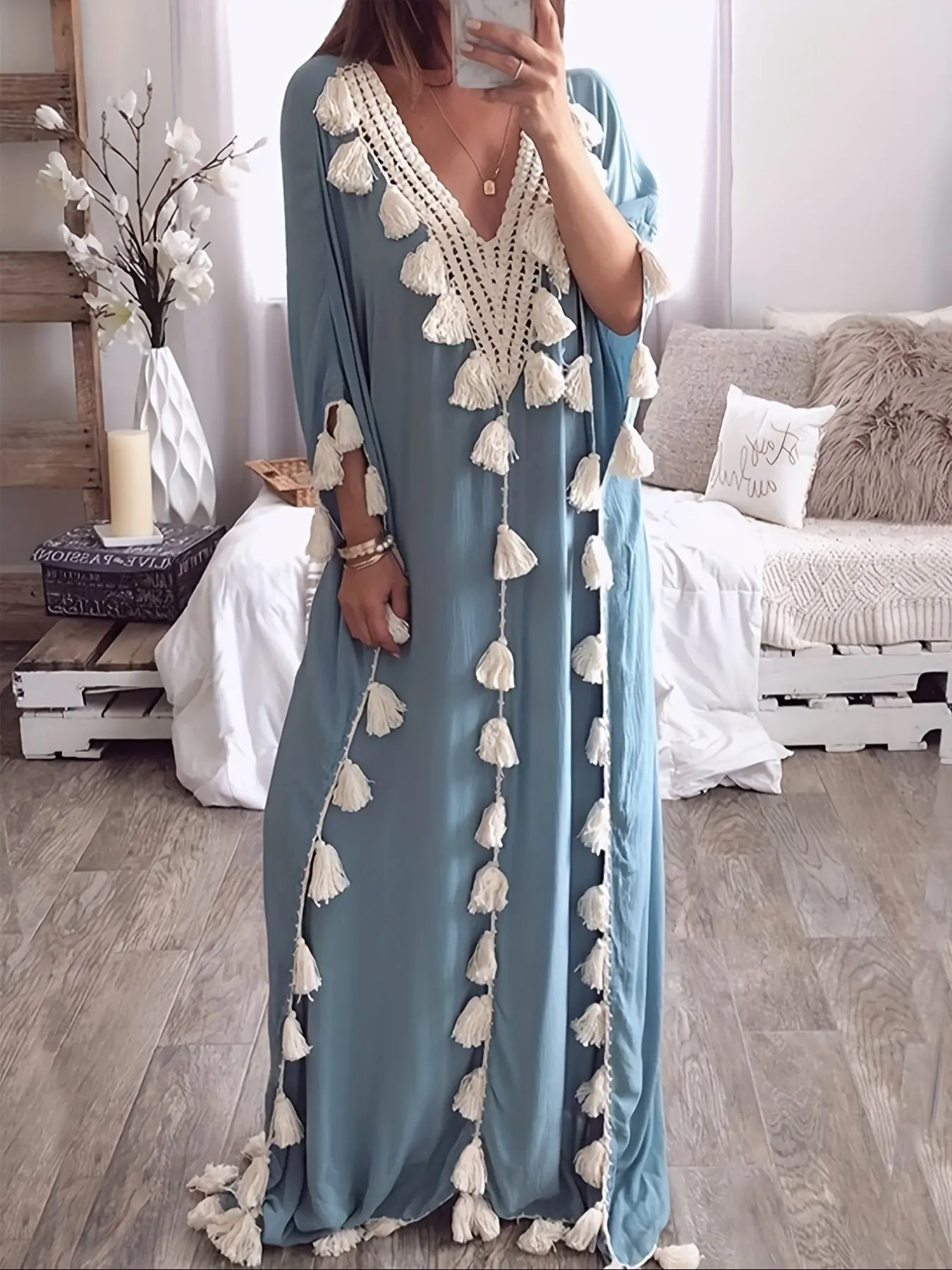 Women's Patchwork Fringe Trim Batwing Sleeve Arabian Muslim Kaftan Style Dress, Elegant V-Neck Half-Sleeve Long Robe for Daily Wear, Islamic Clothing for All Seasons