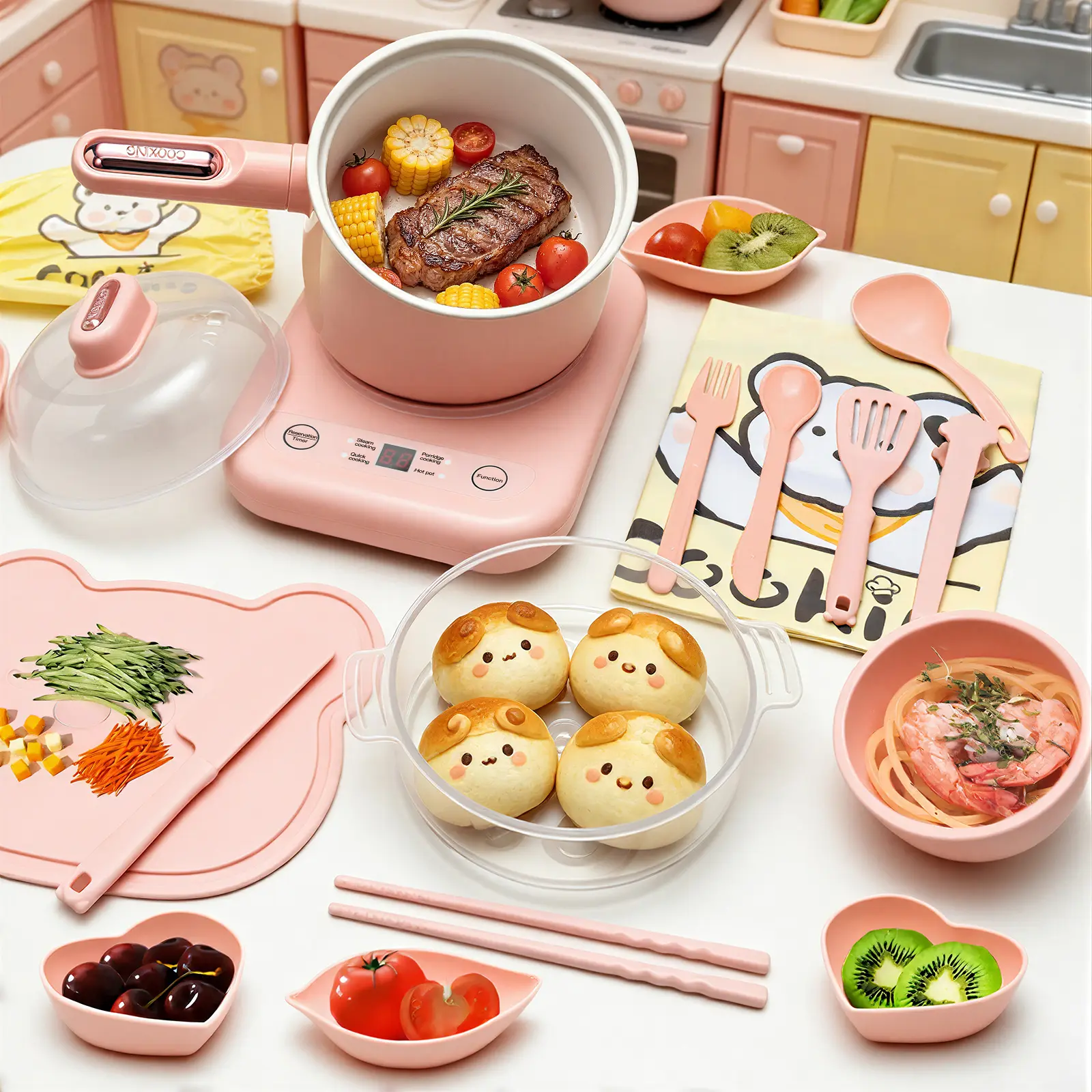 Kids Real Cooking Set - Pink Mini Montessori Educational Child Safe Kitchen & Food Toy, Interactive Multi-Piece Play Food Set for Ages 8-12, Kids Toy, Play Food Sets