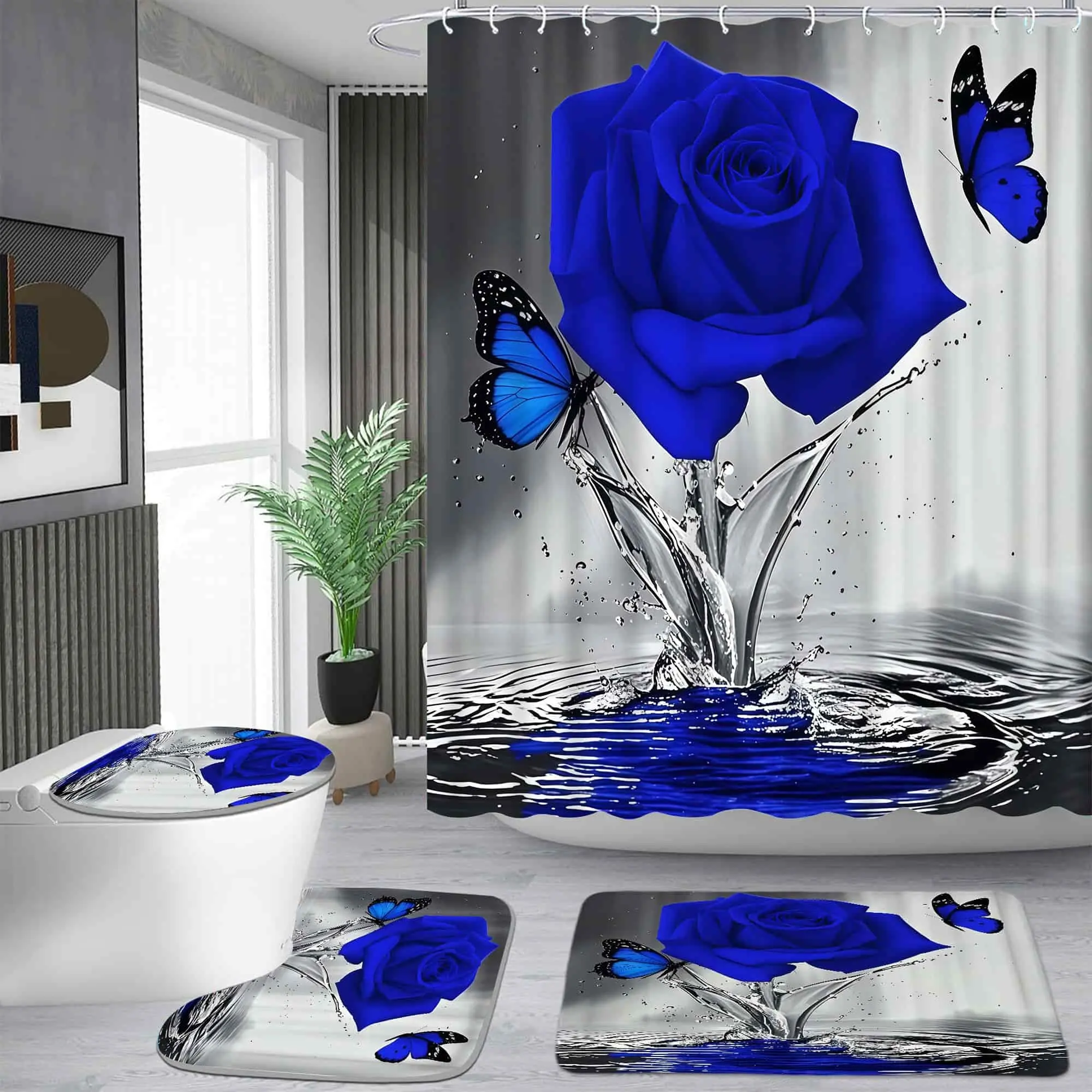 Blue rose water drop butterfly pattern shower curtain set, waterproof shower curtain with 12 hooks, non-slip bathroom carpet, toilet U-shaped cushion, toilet seat cover cushion, bathroom shower curtain set, perfect moving gift. Showercurtain Bat