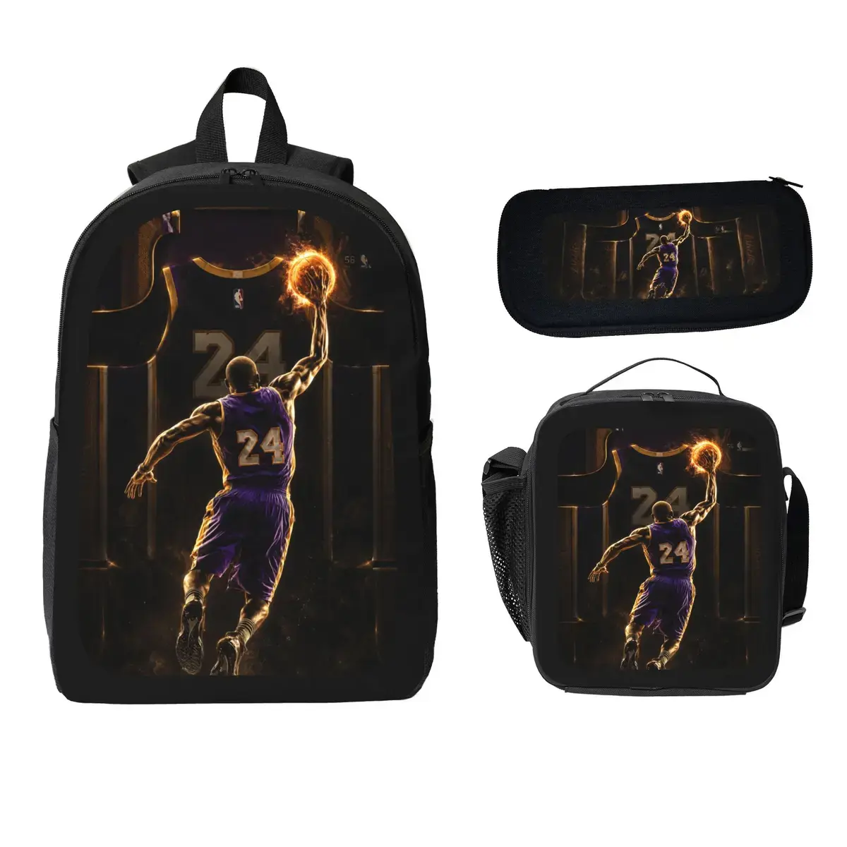 Basketball Player Backpack Set 3 in 1, Print School Backpack with Insulated Lunch Bag Pencil Case, Sports Basketball Themed Backpack Set For Boys Teens Kids