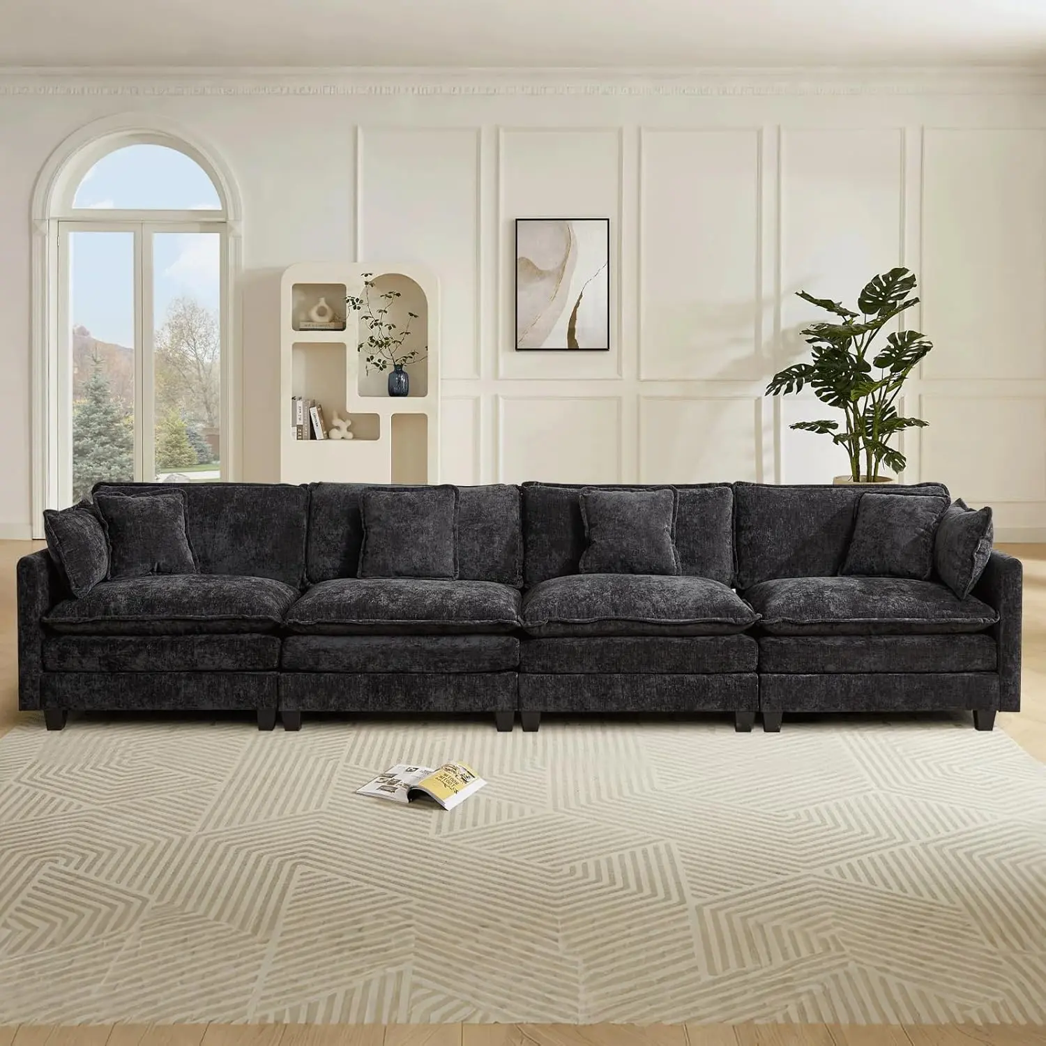 Modular Sectional Sofa 4 Seater Couch for Living Room,149.6" Cloud Sofas with Deep Seat,Modern Chenille 4 Seat Sofas,Fluffy Cloud Couches for Bedroom,Office,Hotel, Black