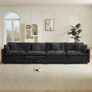 Modular Sectional Sofa 4 Seater Couch for Living Room,149.6" Cloud Sofas with Deep Seat,Modern Chenille 4 Seat Sofas,Fluffy Cloud Couches for Bedroom,Office,Hotel, Black