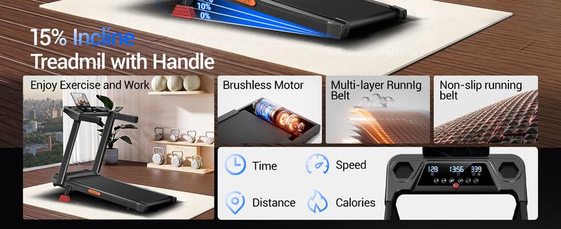 Incline Foldable Treadmill, 0.6-7MPH for Home 3.0HP Treadmills Screens Display Portable Walking Pad with Handle 300 LBS Capacity