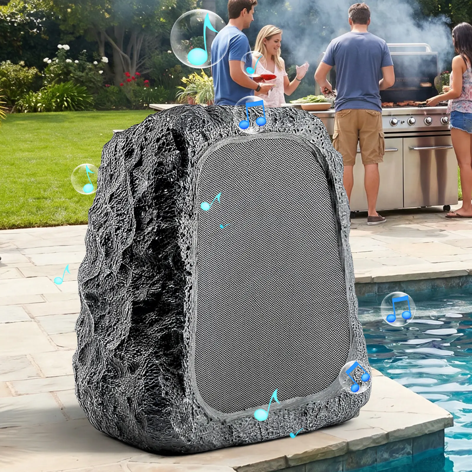 Summerwins BlitzRock 2026 Outdoor Wireless Rock Rechargeable Waterproof Bass Speakers - 30W (60W Paired) Hi-Fi HD, Solar/USB-C Charging, Remote Control, 100-Pc Multi-Sync, Natural Granite Look, Easy Install, Batteries, Music Setup for Patio Pool Parties