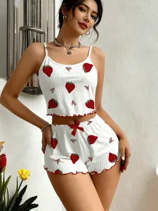 2-Piece Elastic Breathable Strawberry Printed Pajama Set, Women's Heart Printed Crop Top And Shorts Set For Home Wear, With A Mushroom Edge That Can Be Worn Outside, Casual Camisole Shorts With Two Straps