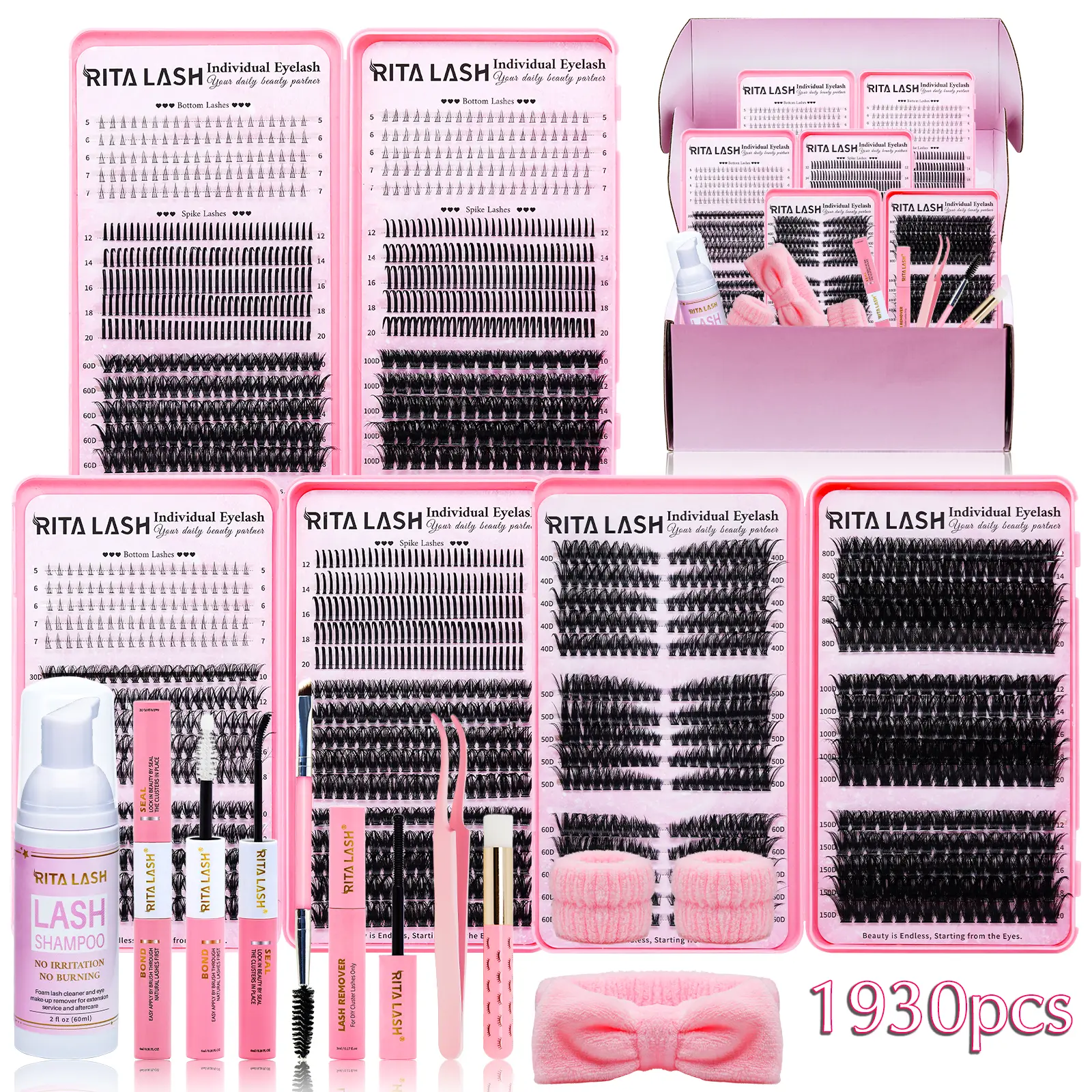 RITALASH Eyelashes Clusters Kit, 1930 Pcs D Curl Mixed Styles Individual Lash Extension Book, Natural 3D False Eyelashes with Bond & Seal Adhesive, Remover and Headband, Lash Extensions, 3D False Eyelashes & Adhesives
