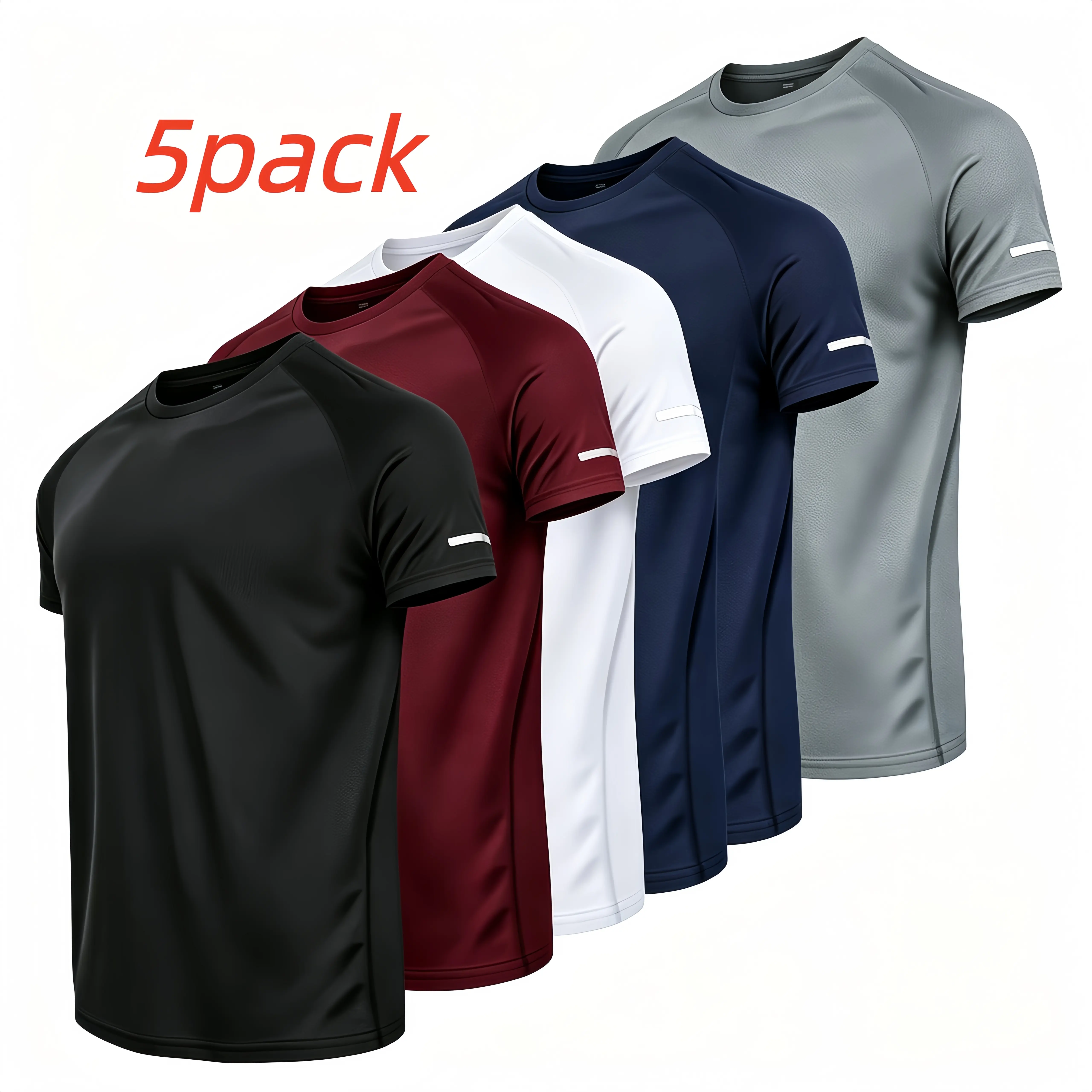 5-Pcs Men’s Casual Sporty Printed Reflective Stripe T-Shirts, Ultra-Lightweight Crew Neck Short-Sleeve Tops, Breathable Quick-Dry Moisture-Wicking Sweat-Absorbing Running Shirts, Lightweight Comfortable Workout Tees for Gym & All Wet Dry Conditions