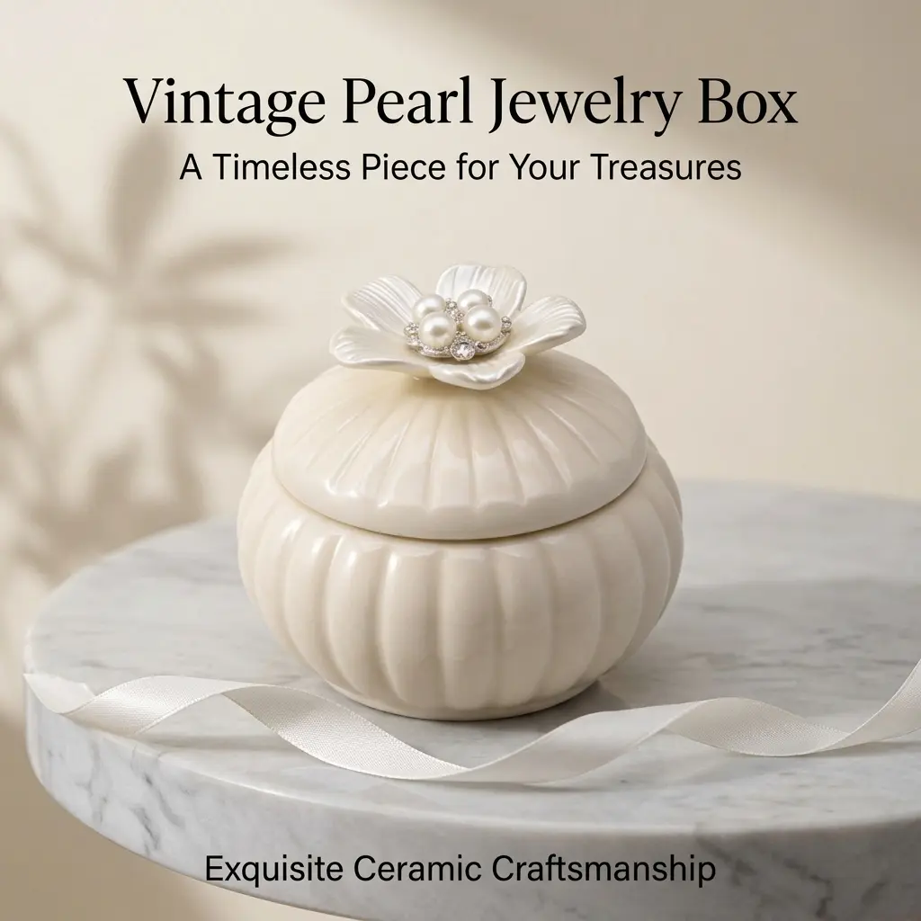 Handmade Glossy Ceramic Jewelry Box - 3D Flower Lid, Vintage Porcelain Jar with Shimmering Pearls Rhinestone Accents, Random Style, Elegant Home & Office Organizer for Rings, Earrings, Thoughtful Gifts