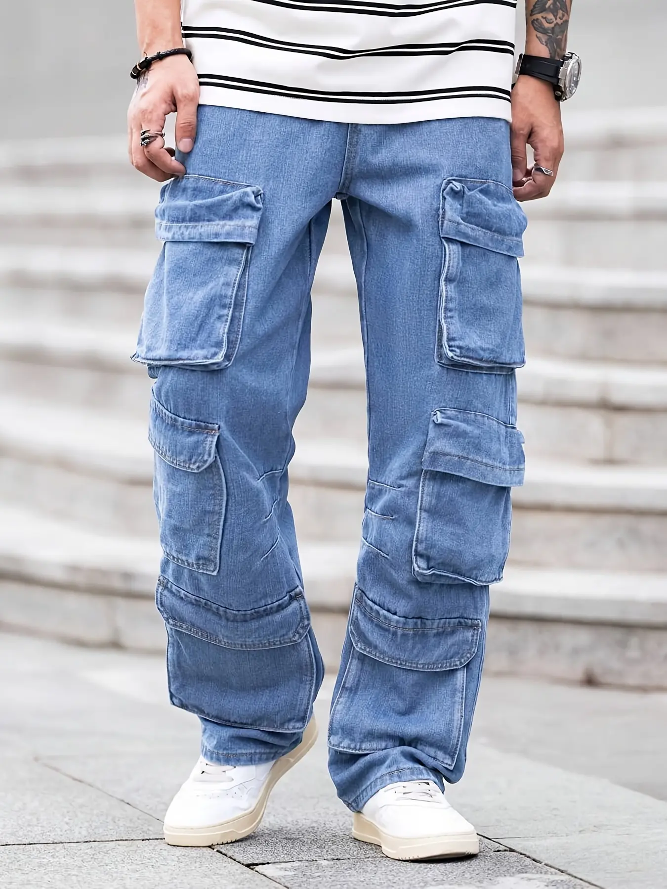 Men's Casual Denim Overalls - Loose Baggy Bib Pants with Multiple Pockets, Viscose-Blended Glossy Finish Polyester Cotton Fabric, Woven Structured Drape, All-Season, Regular Length, Plain Solid Color, Dry Clean, Easy Tee Pairing