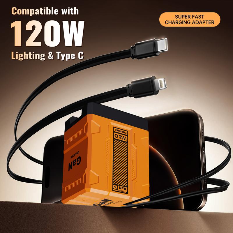 W&O GaN Charger(Type C/Lightning), Compatible with 120W Fast Charger, Retractable Wall Charger, Foldable Plug for iPhone, Fast Charging Power Adapter for Smartphone, Travel Universal Plug Fast Charging, Holiday Gift Tech