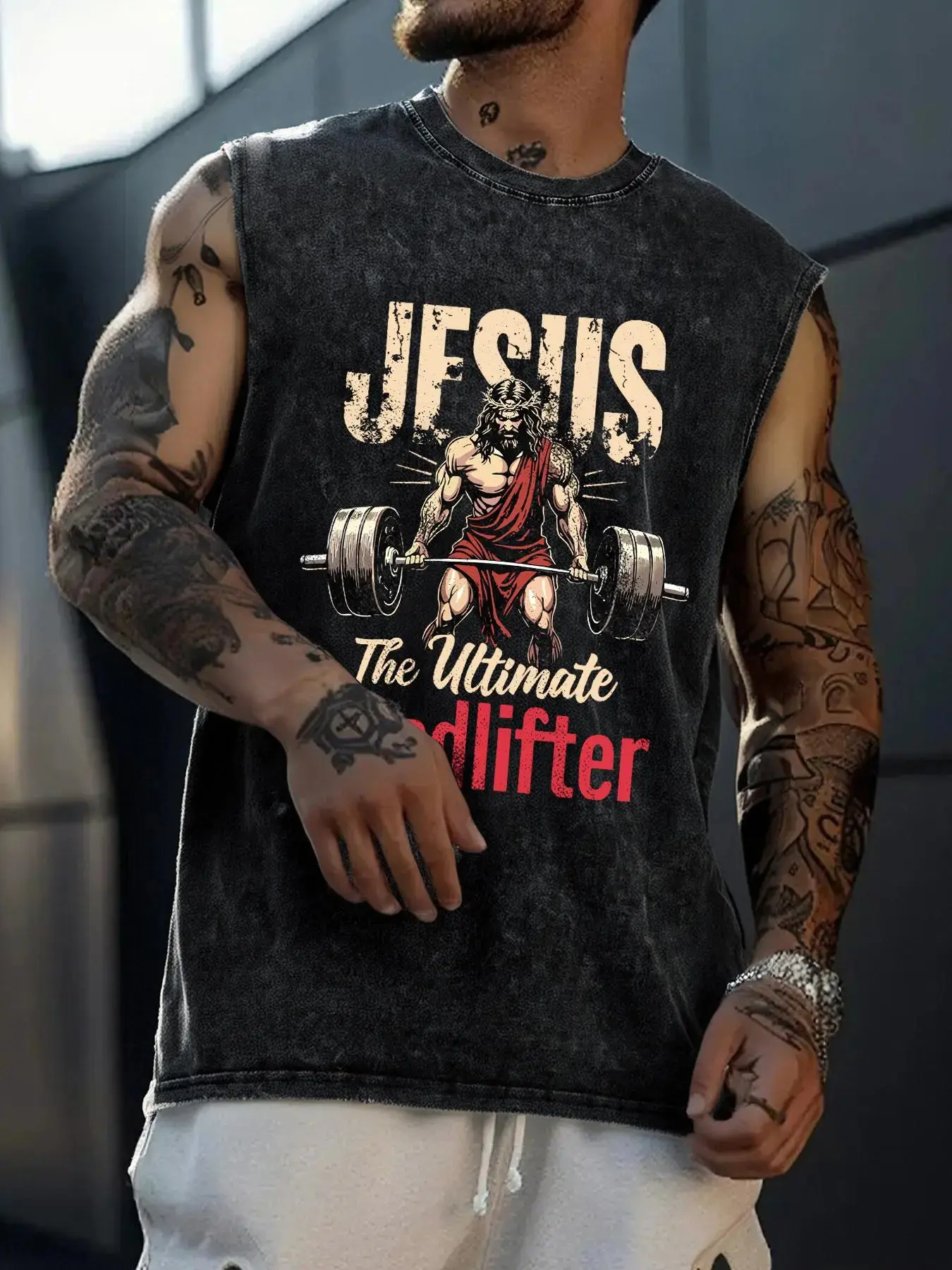 Men's Jesus Print Tank Top, Bodybuilding Fitness Tee, Regular Fit Casual Sleeveless Graphic Vest for Gym Workout Running, Men's Top for Summer, Menswear, Sleeveless Workout Tops