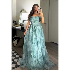 Garden Wedding Organza Off Shoulder Floral Maxi Dress: Sage