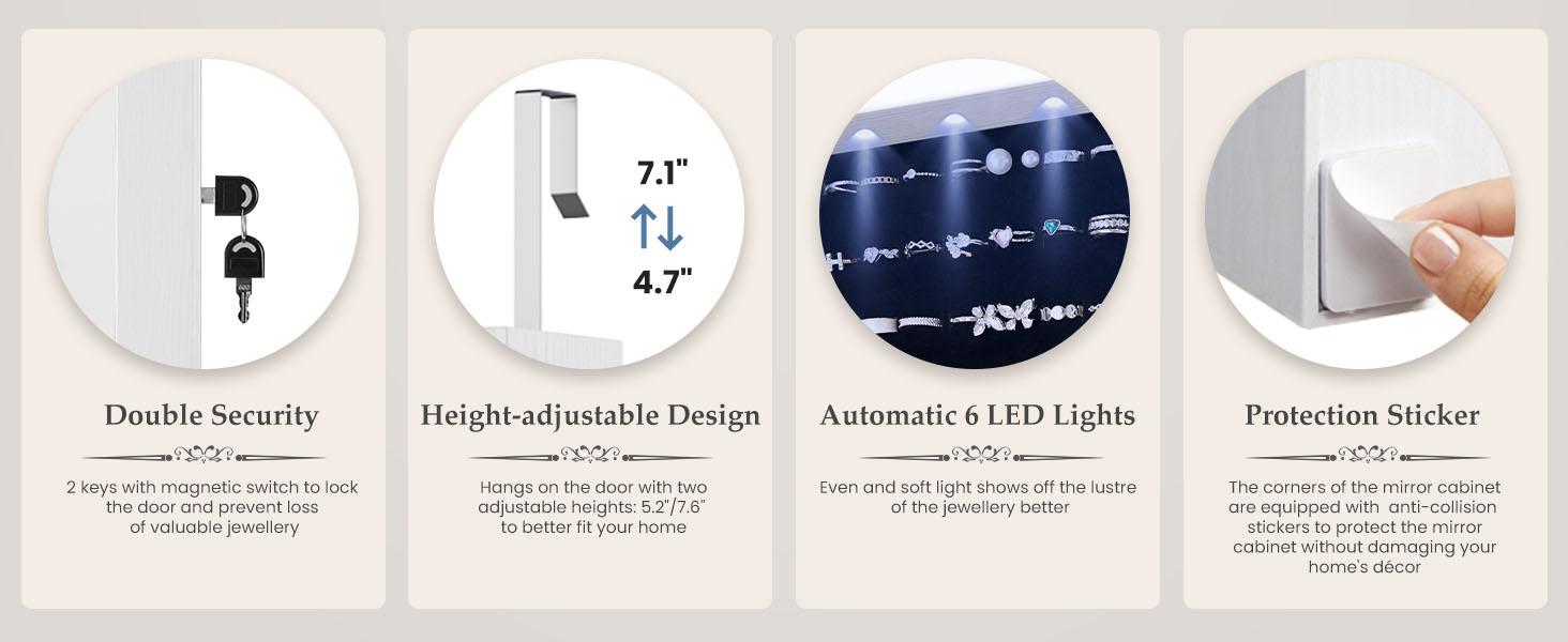 Full-Length Mirrored Jewelry Cabinet with Built-In Makeup Mirror,Lockable Storage Cabinet with 2 Drawers