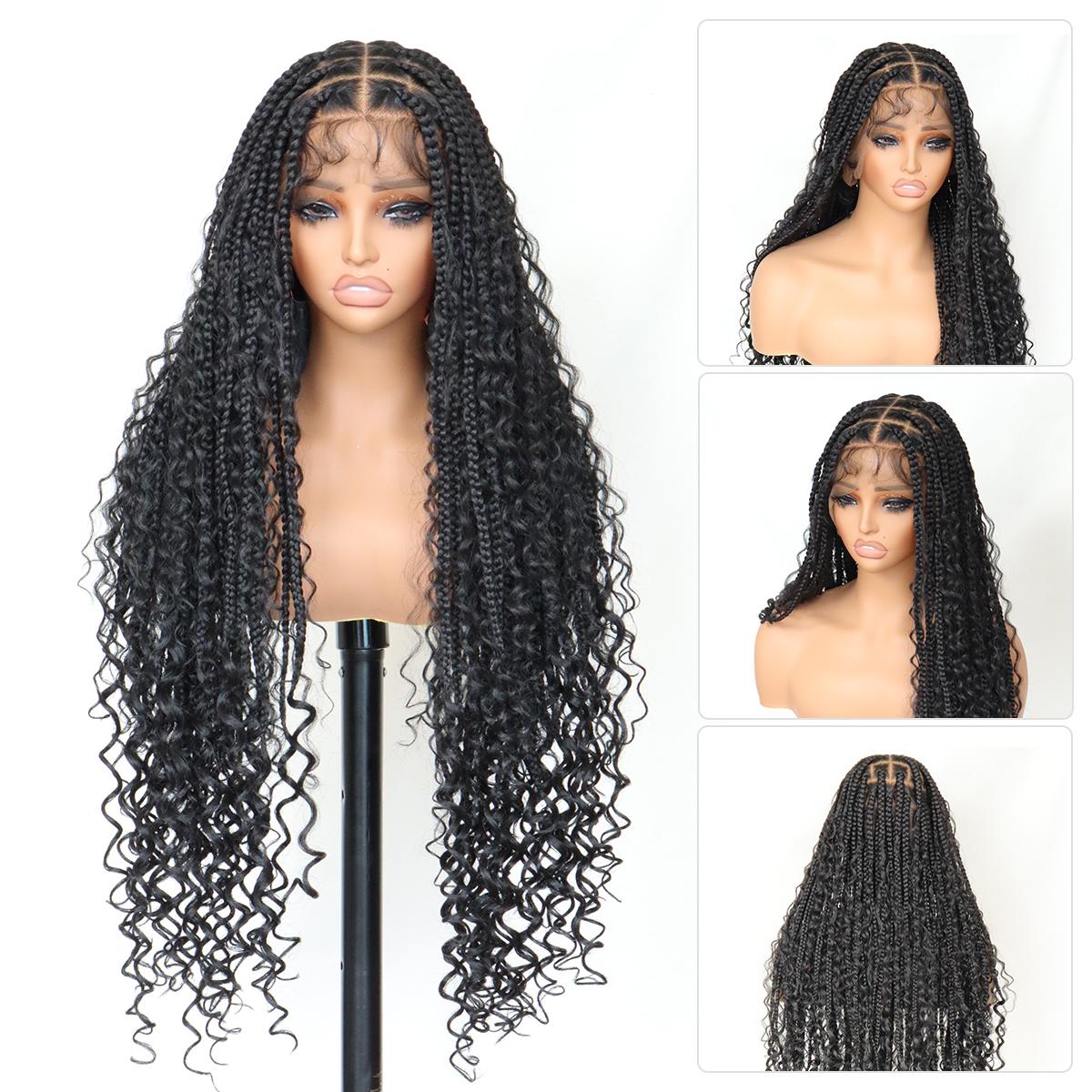 Boho Braided Wig 36Inch Full Lace Premium Synthetic Knotless Box Braid Wig with Baby Hair Bohemian Curly Ends