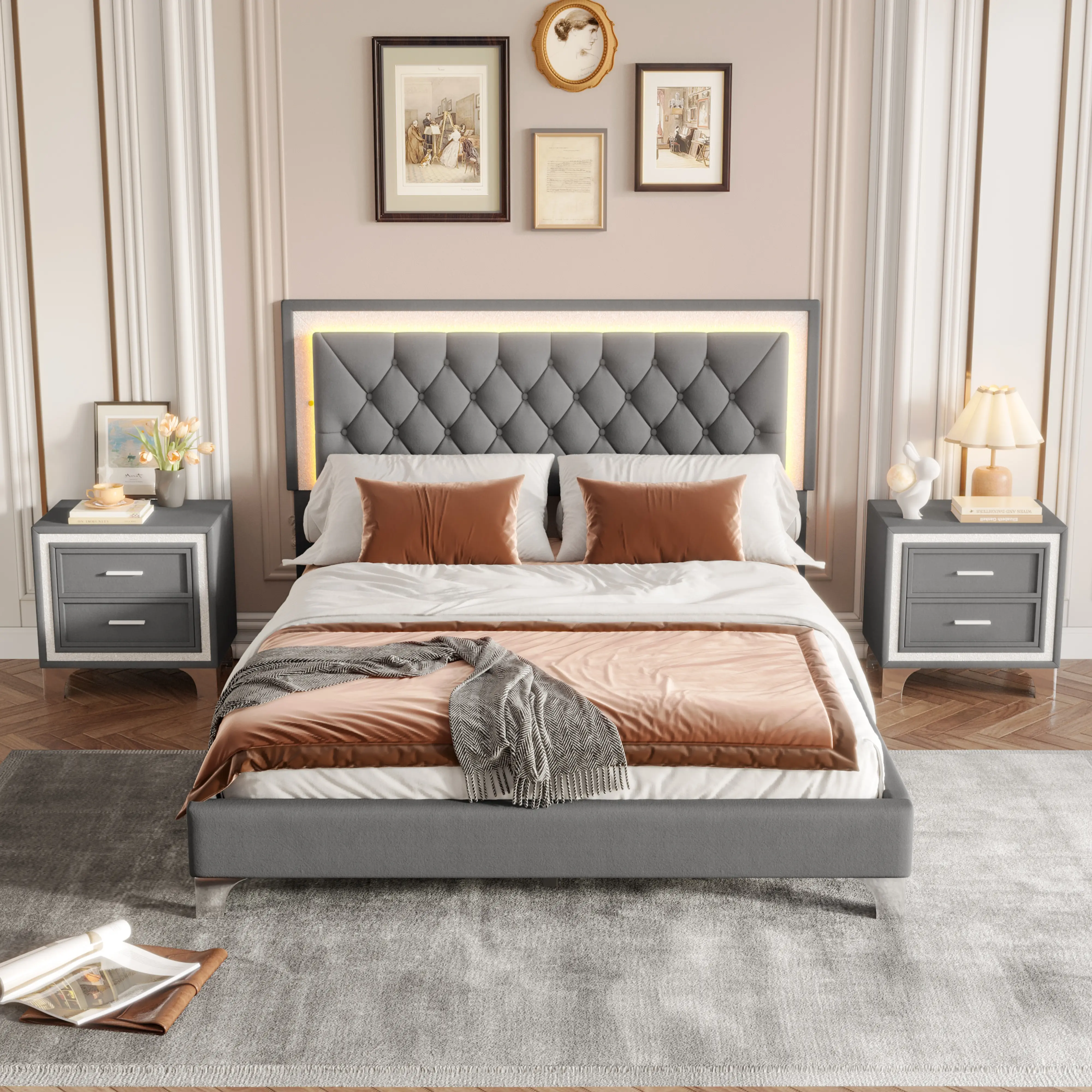3-Pieces Bedroom Furniture Set, Queen Size Velvet Upholstered Platform Bed with LED Light Headboard & 2 Nightstands, Gray