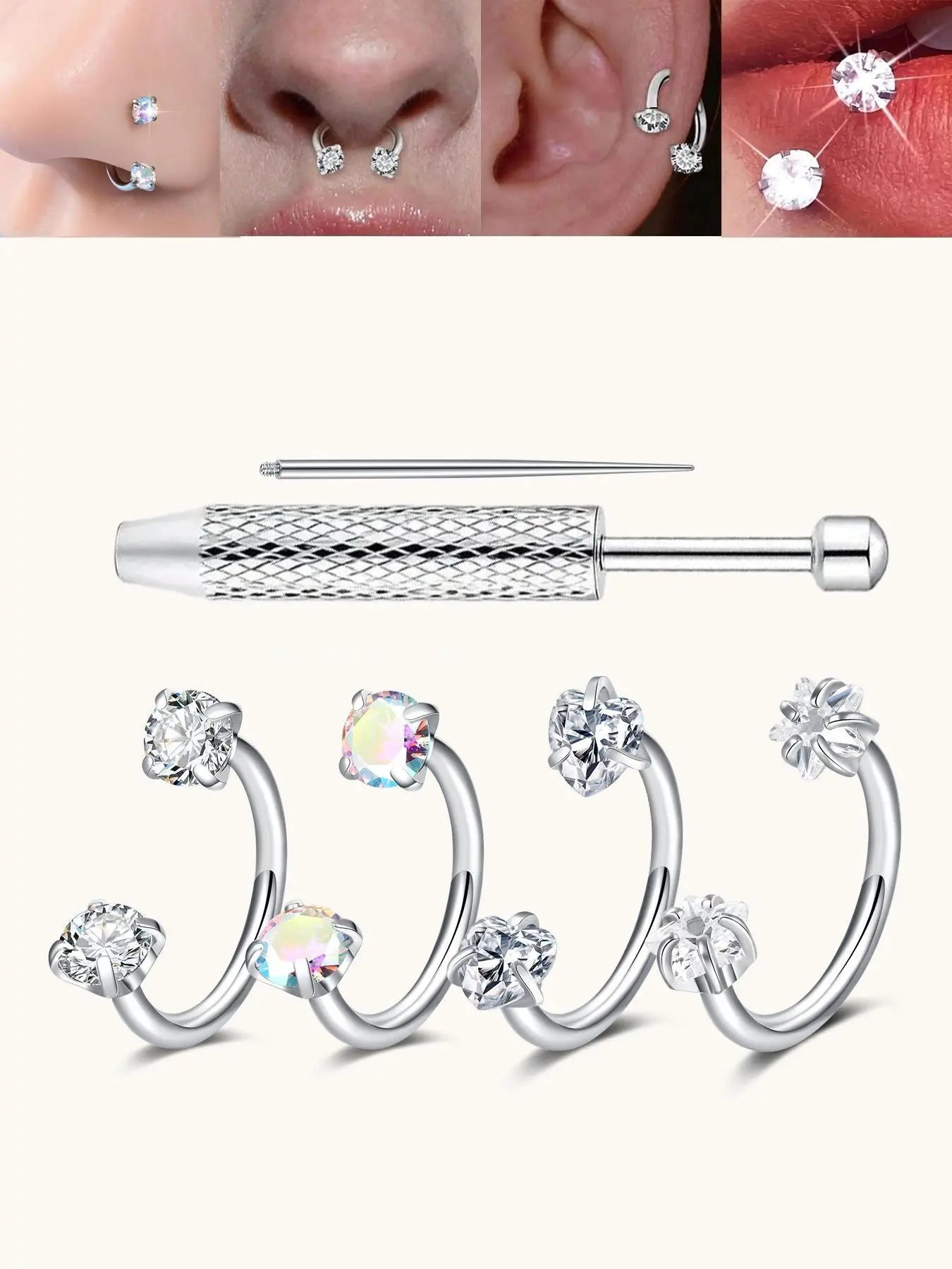 6 Pcs Heart Star Cz Nose Rings, Stainless Steel Inner Thread, 18G/20G 8mm, Ideal for Nose, Cartilage, Earlobe, Lip Piercings